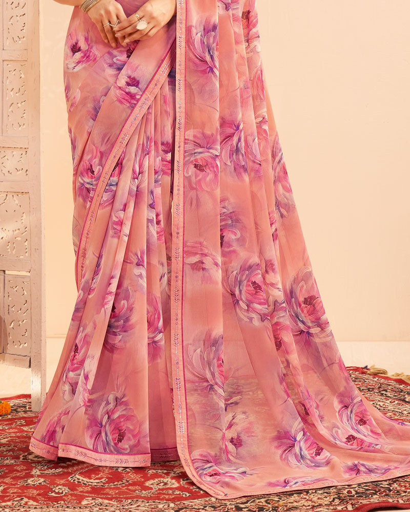 Vishal Prints Pale Baby Pink Digital Print Georgette Saree With Fancy Embroidery Border