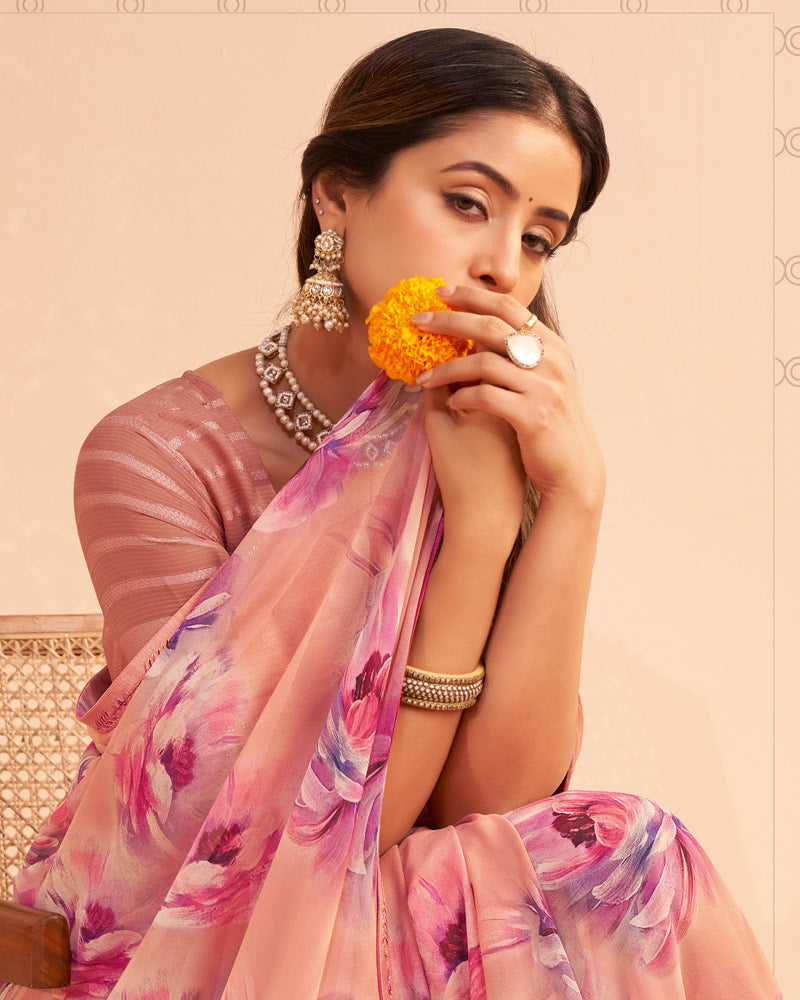 Vishal Prints Pale Baby Pink Digital Print Georgette Saree With Fancy Embroidery Border