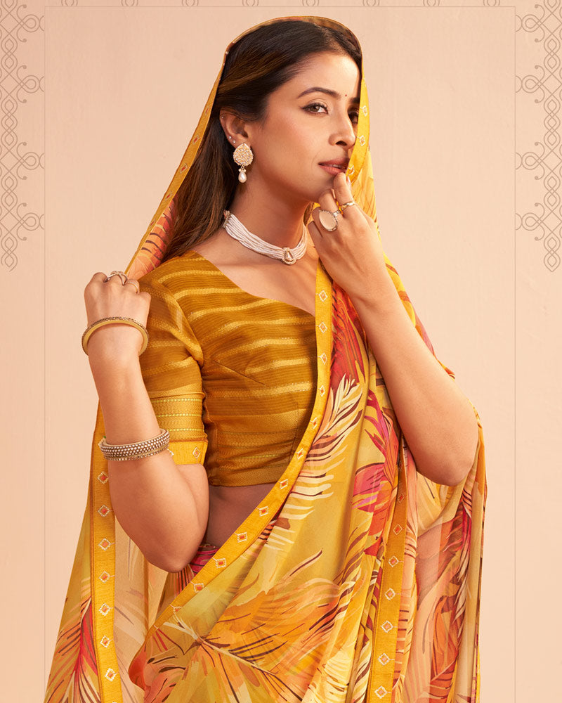 Vishal Prints Light Mustard Digital Print Georgette Saree With Fancy Embroidery Border