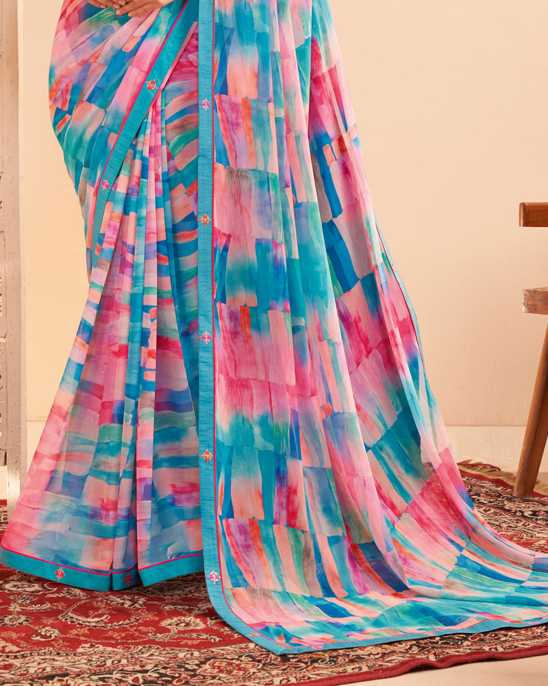 Vishal Prints Multicolour Blue Digital Print Georgette Saree With Fancy Embroidery Border