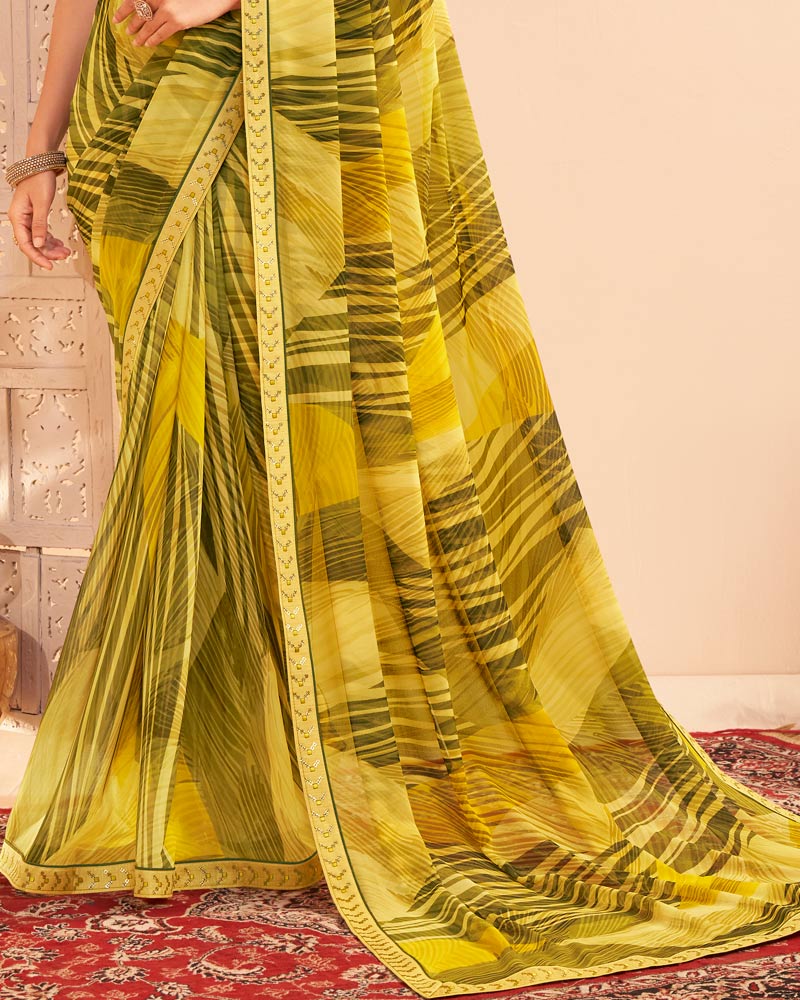 Vishal Prints Pale Light Yellow Digital Print Georgette Saree With Fancy Embroidery Border
