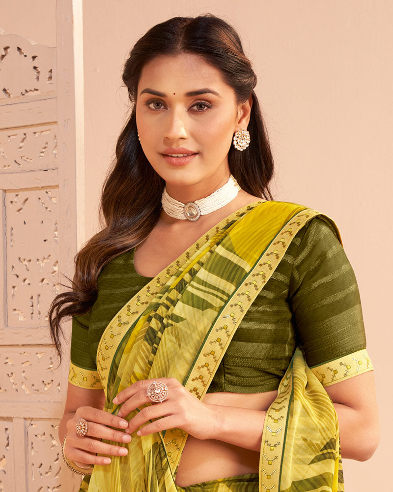 Vishal Prints Pale Light Yellow Digital Print Georgette Saree With Fancy Embroidery Border