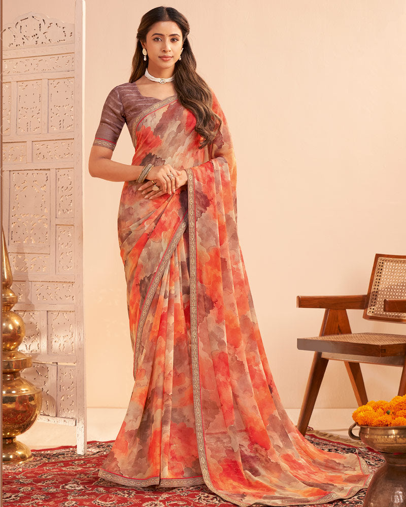 Vishal Prints Orange Brown Digital Print Georgette Saree With Fancy Embroidery Border