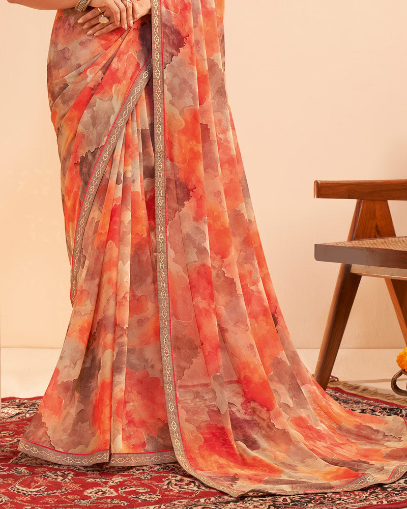 Vishal Prints Orange Brown Digital Print Georgette Saree With Fancy Embroidery Border