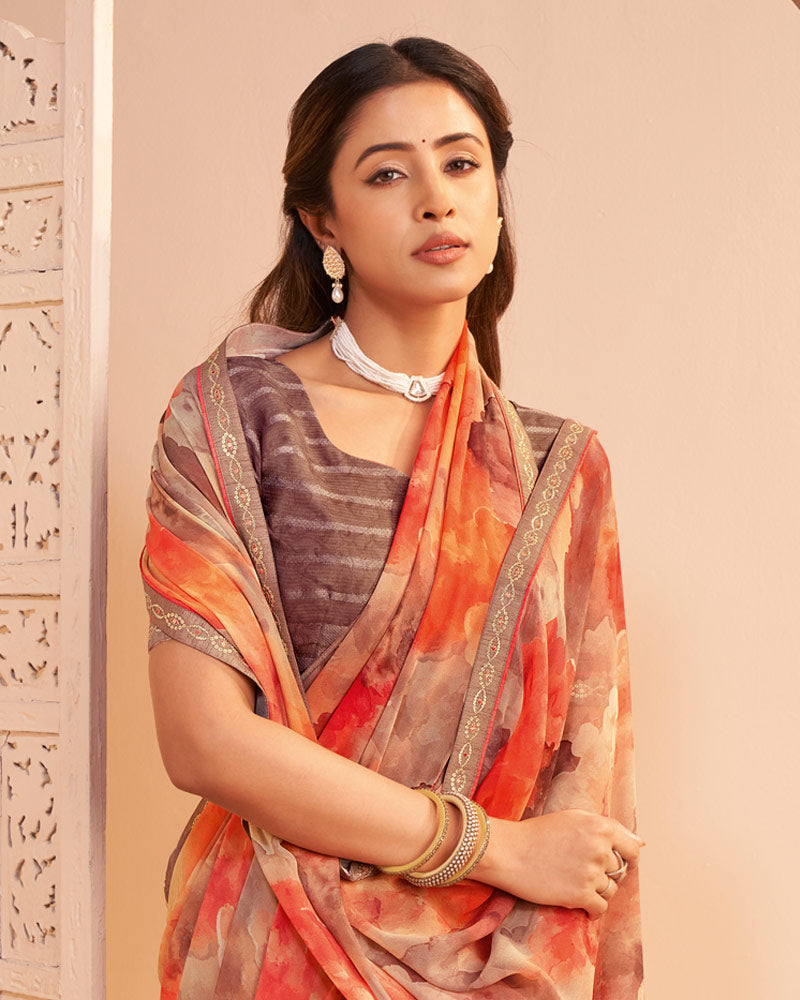 Vishal Prints Orange Brown Digital Print Georgette Saree With Fancy Embroidery Border