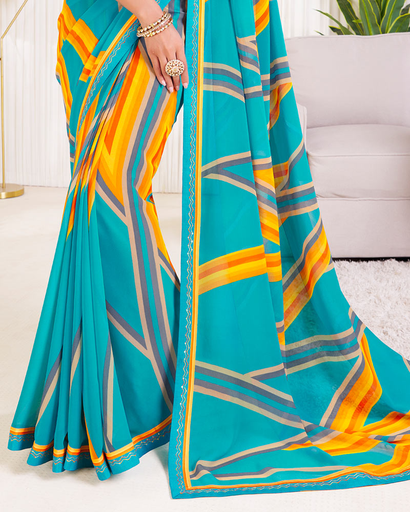 Vishal Prints Dark Turquoise Blue Printed Georgette Saree With Fancy Border