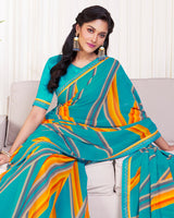 Vishal Prints Dark Turquoise Blue Printed Georgette Saree With Fancy Border