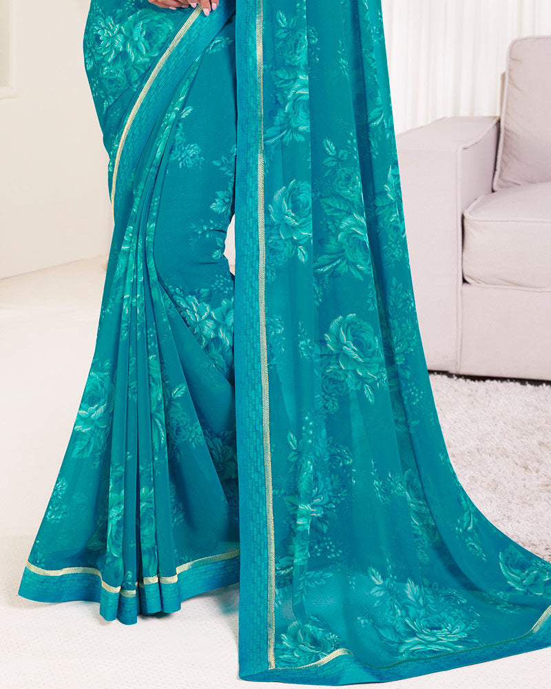 Vishal Prints Peacock Blue Printed Georgette Saree With Fancy Border