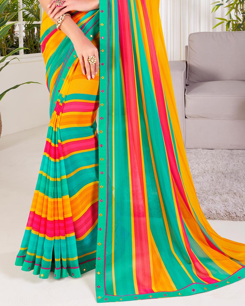 Vishal Prints Dark Yellow Printed Georgette Saree With Fancy Border