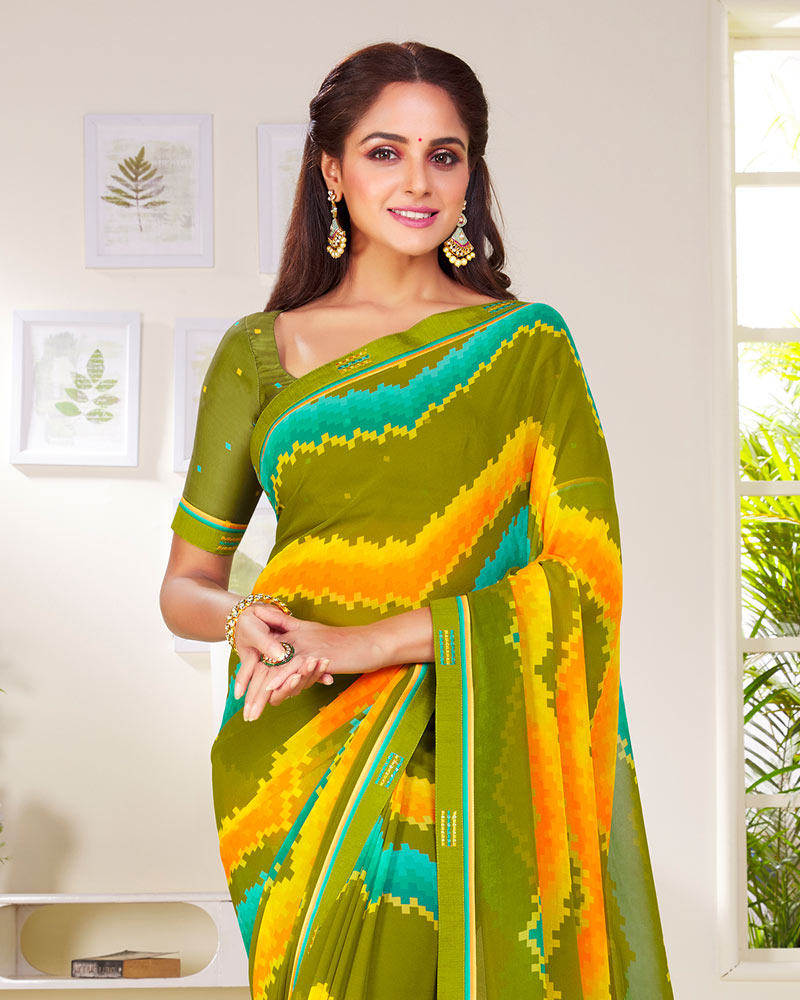Vishal Prints Mehandi Green Printed Georgette Saree With Fancy Border