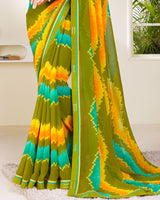 Vishal Prints Mehandi Green Printed Georgette Saree With Fancy Border