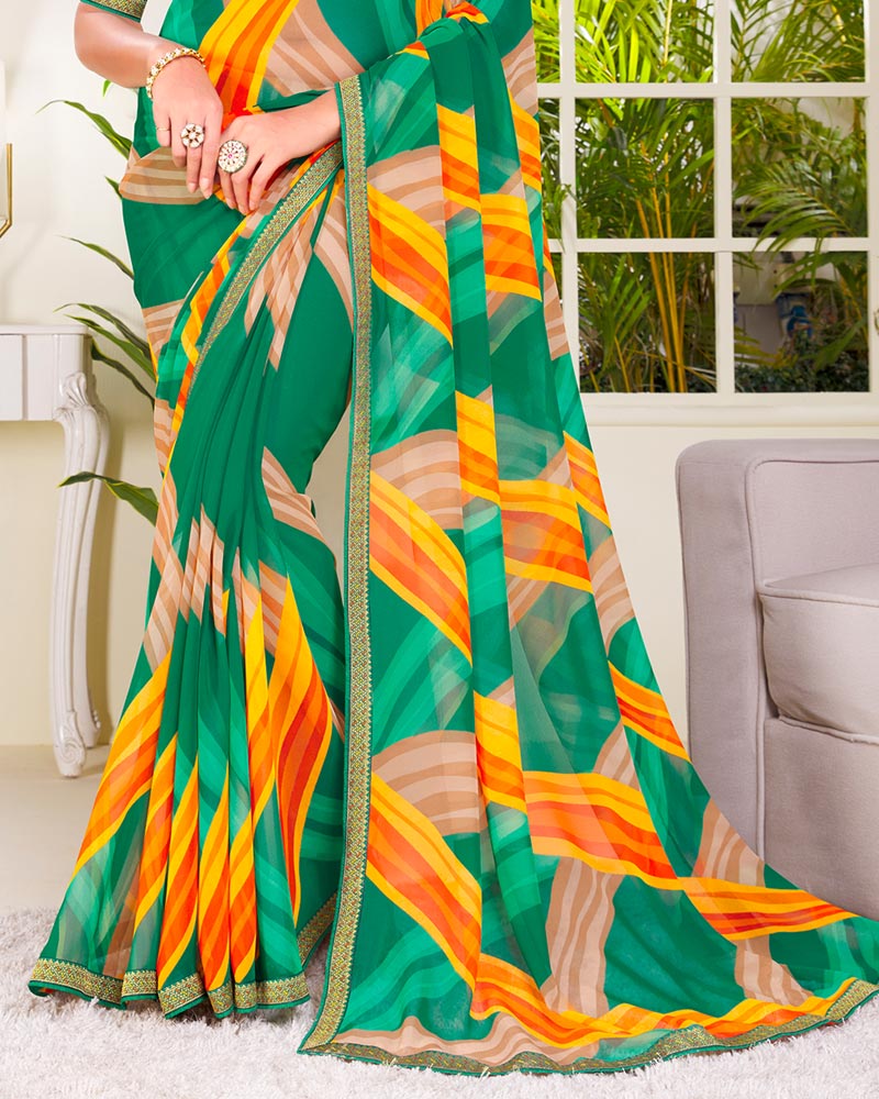 Vishal Prints Rama Green Printed Georgette Saree With Zari Border