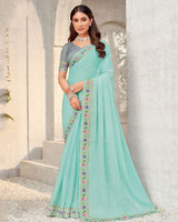 Vishal Prints Pastel Teal Blue Designer Organza Saree With Diamond Work And Embroidery Border