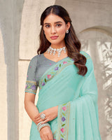 Vishal Prints Pastel Teal Blue Designer Organza Saree With Diamond Work And Embroidery Border