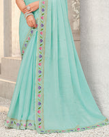 Vishal Prints Pastel Teal Blue Designer Organza Saree With Diamond Work And Embroidery Border