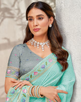 Vishal Prints Pastel Teal Blue Designer Organza Saree With Diamond Work And Embroidery Border