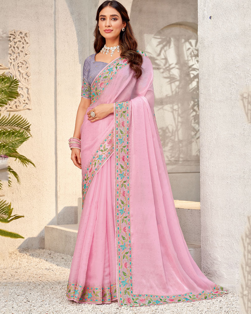 Vishal Prints Baby Pink Designer Organza Saree With Diamond Work And Embroidery Border