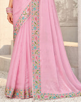 Vishal Prints Baby Pink Designer Organza Saree With Diamond Work And Embroidery Border