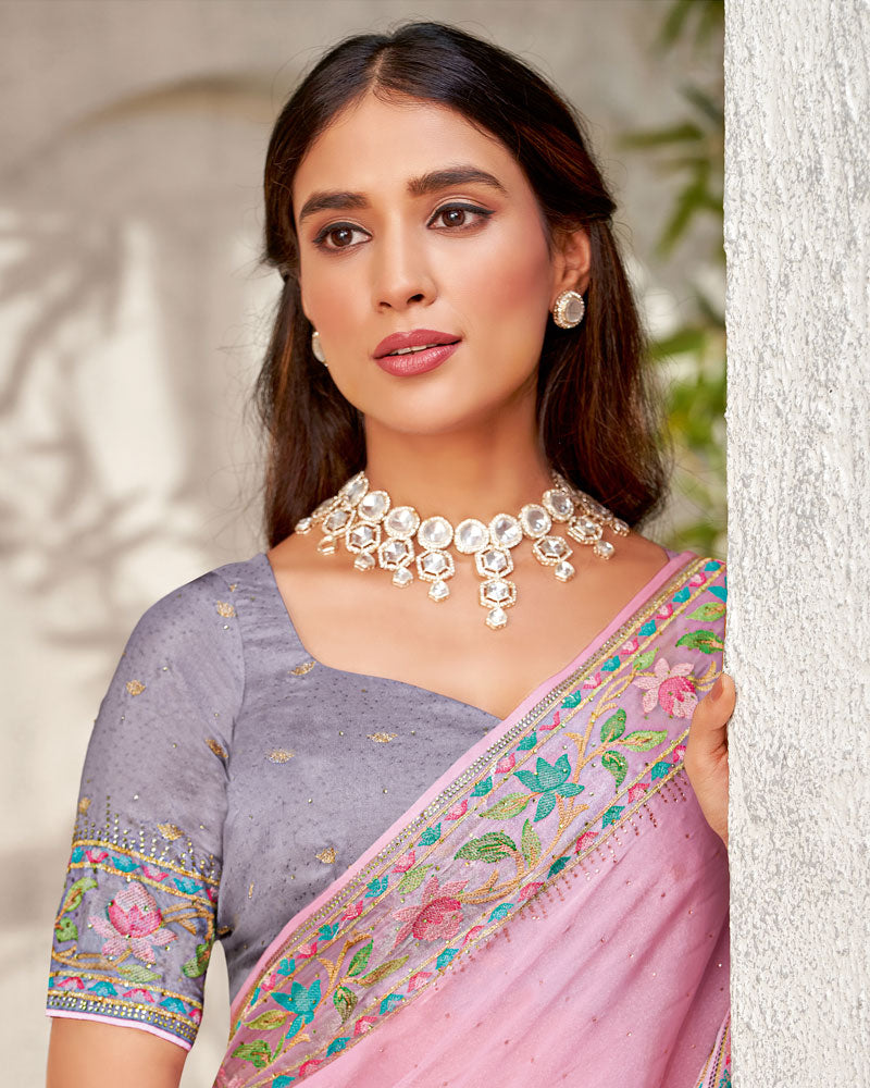 Vishal Prints Baby Pink Designer Organza Saree With Diamond Work And Embroidery Border