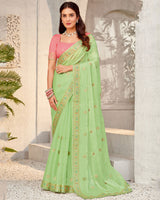 Vishal Prints Pastel Green Designer Organza Saree With Diamond Work And Embroidery Border