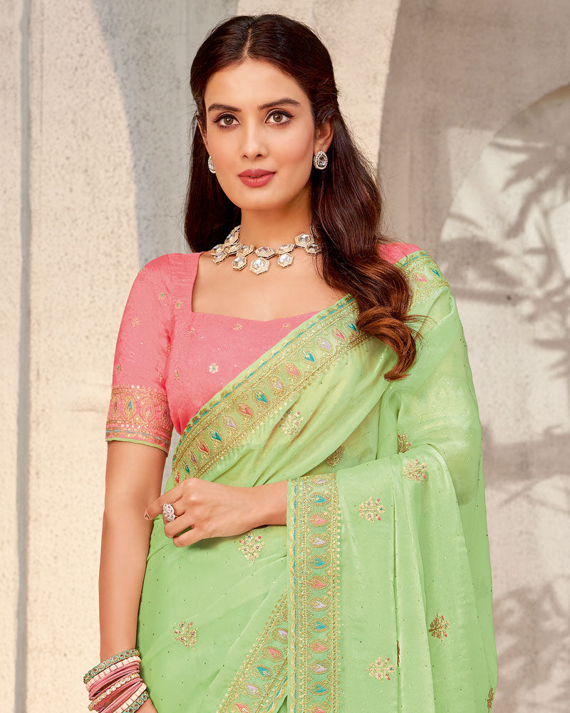 Vishal Prints Pastel Green Designer Organza Saree With Diamond Work And Embroidery Border
