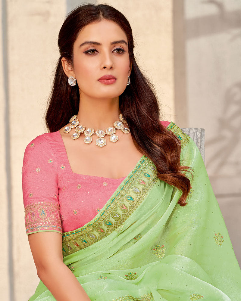 Vishal Prints Pastel Green Designer Organza Saree With Diamond Work And Embroidery Border