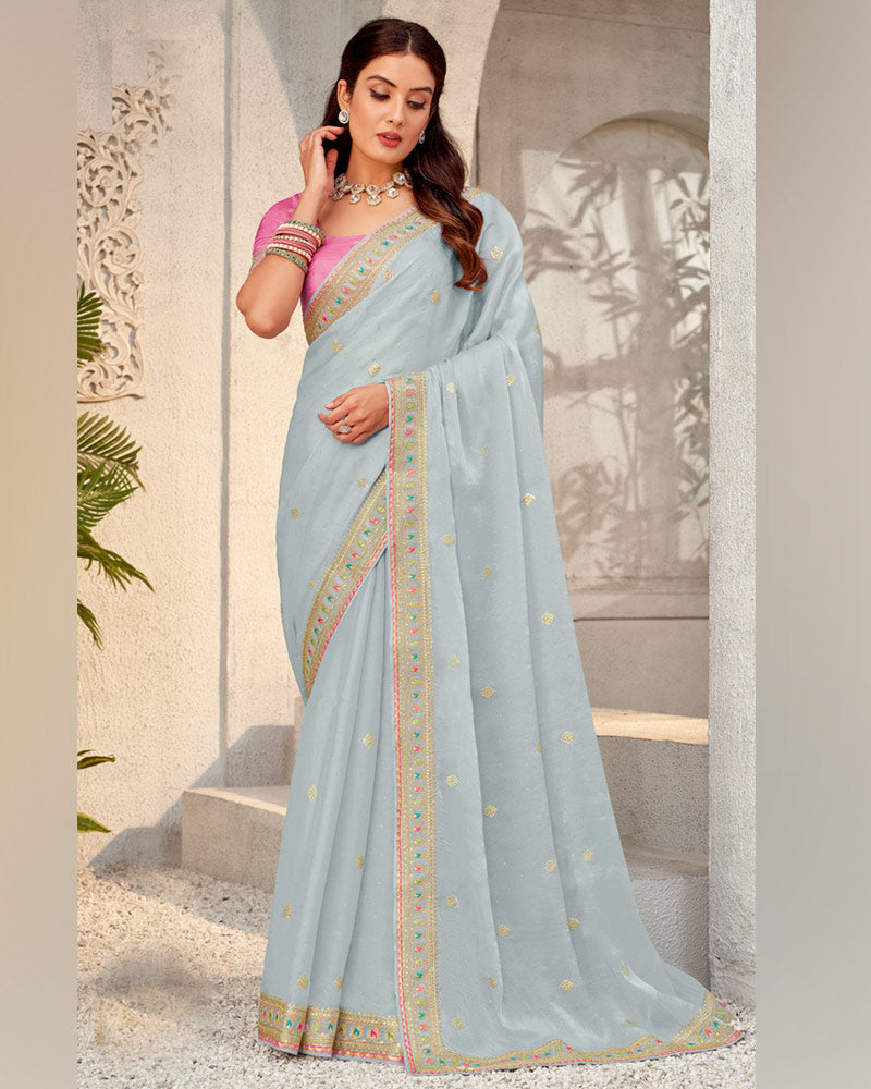 Vishal Prints Silver Sand Designer Organza Saree With Diamond Work And Embroidery Border