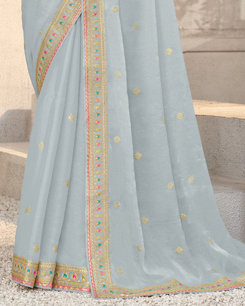 Vishal Prints Silver Sand Designer Organza Saree With Diamond Work And Embroidery Border