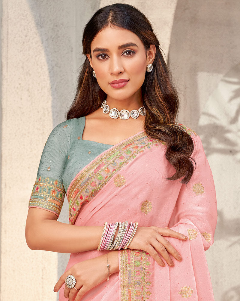 Vishal Prints Mandy Pink Designer Organza Saree With Diamond Work And Embroidery Border