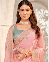 Vishal Prints Mandy Pink Designer Organza Saree With Diamond Work And Embroidery Border