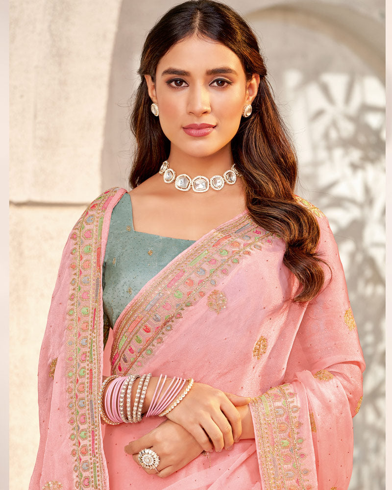 Vishal Prints Mandy Pink Designer Organza Saree With Diamond Work And Embroidery Border