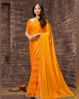 Vishal Prints Yellowish Orange Printed Chiffon Saree With Foil Print And Zari Border