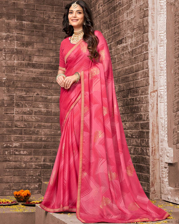 Vishal Prints Red Pink Printed Chiffon Saree With Foil Print And Zari Border