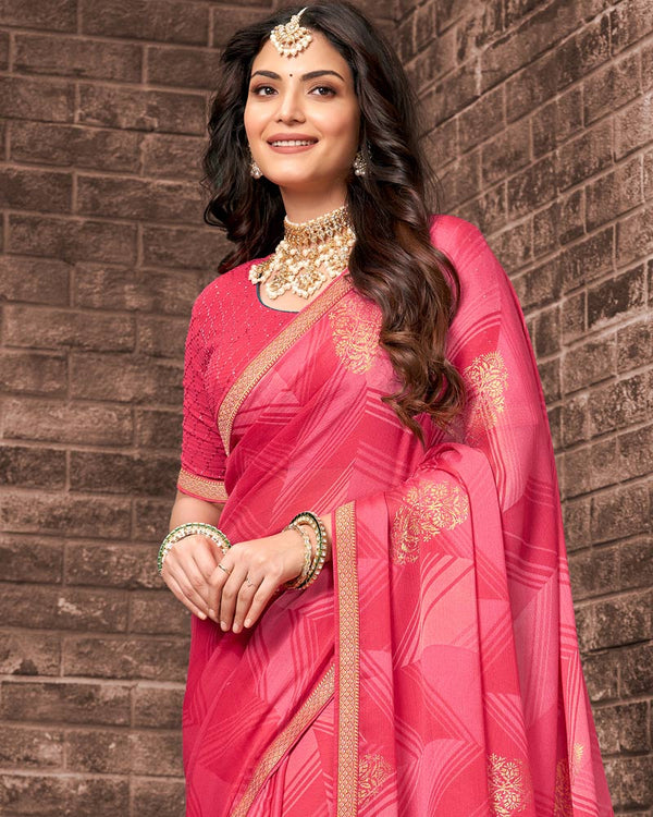 Vishal Prints Red Pink Printed Chiffon Saree With Foil Print And Zari Border
