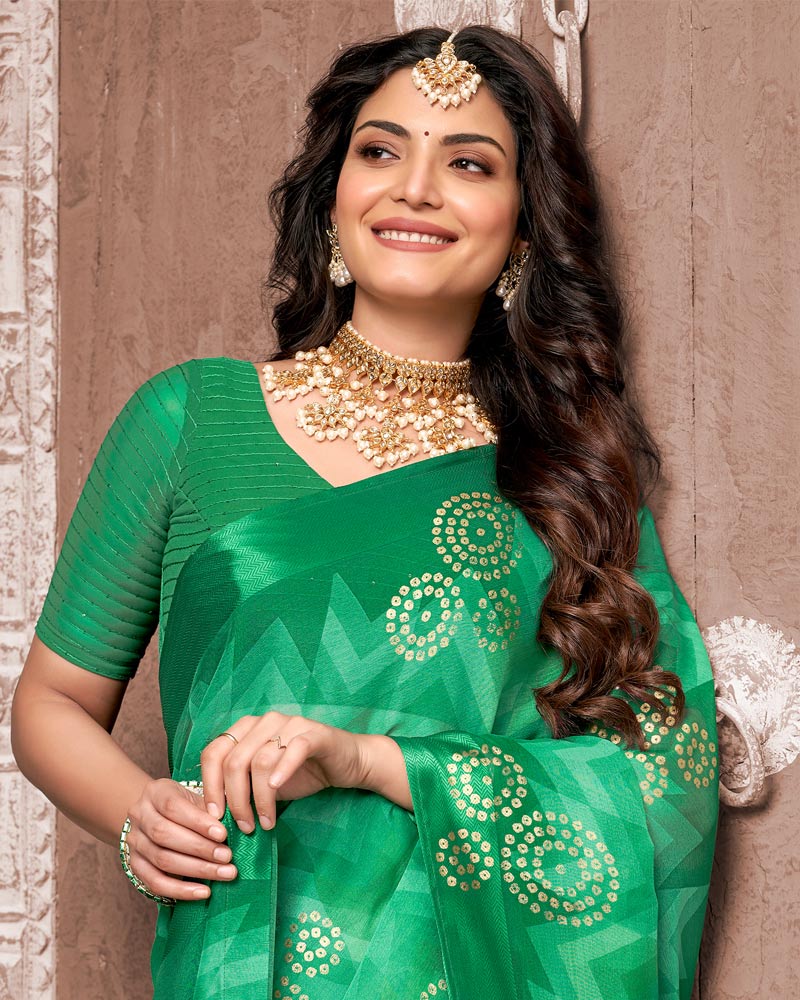Vishal Prints Dark Green Printed Chiffon Saree With Foil Print And Zari Border