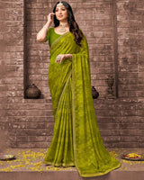 Vishal Prints Olive Green Printed Chiffon Saree With Foil Print And Zari Border