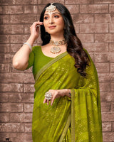 Vishal Prints Olive Green Printed Chiffon Saree With Foil Print And Zari Border