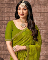 Vishal Prints Olive Green Printed Chiffon Saree With Foil Print And Zari Border
