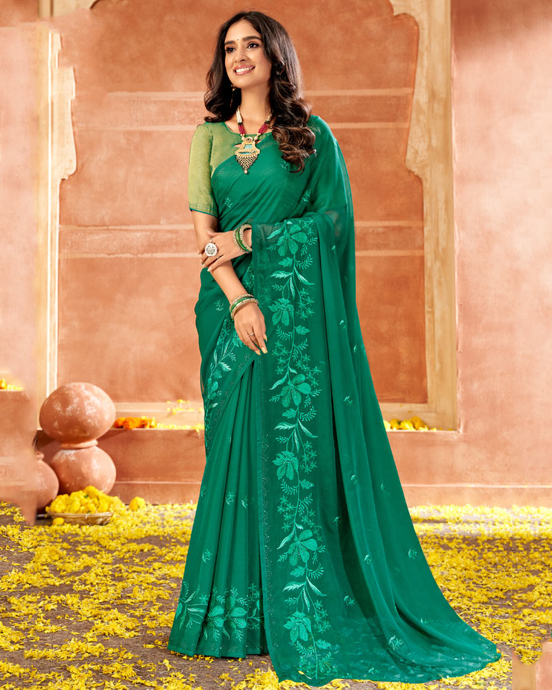 Vishal Prints Deep Sea Green Designer Georgette Saree With Embroidery And Diamond Work