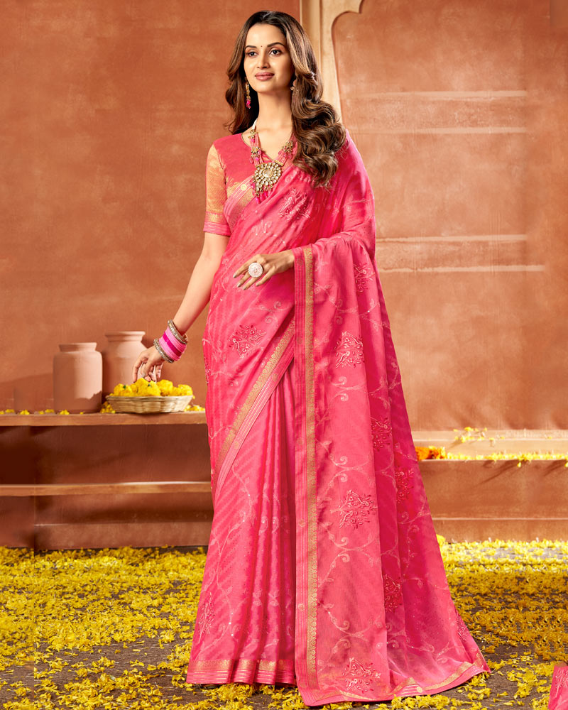 Vishal Prints Red Pink Designer Georgette Saree With Embroidery And Diamond Work