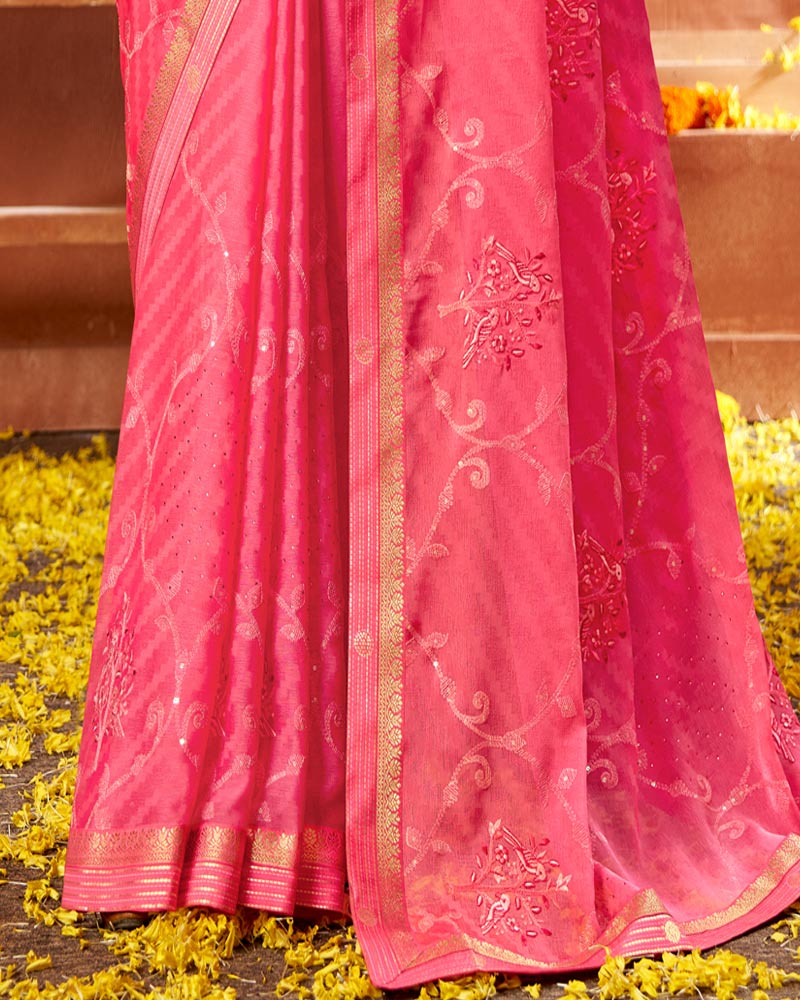 Vishal Prints Red Pink Designer Georgette Saree With Embroidery And Diamond Work