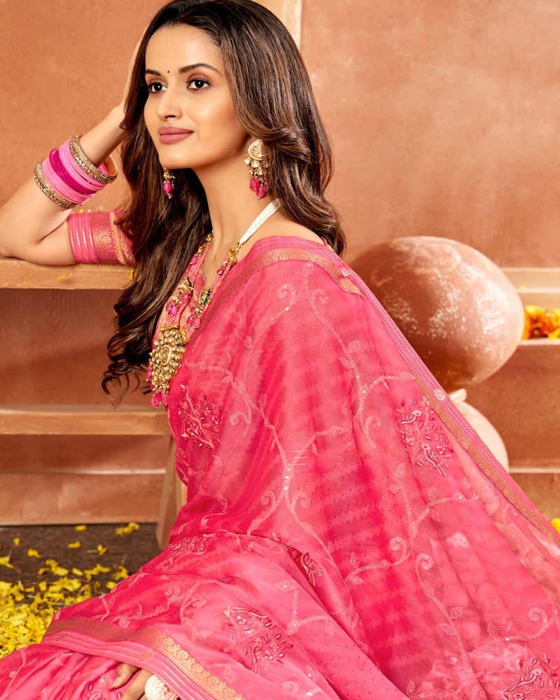 Vishal Prints Red Pink Designer Georgette Saree With Embroidery And Diamond Work