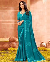 Vishal Prints Dark Teal Blue Designer Georgette Saree With Embroidery And Diamond Work