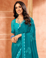 Vishal Prints Dark Teal Blue Designer Georgette Saree With Embroidery And Diamond Work