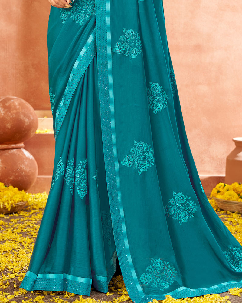 Vishal Prints Dark Teal Blue Designer Georgette Saree With Embroidery And Diamond Work