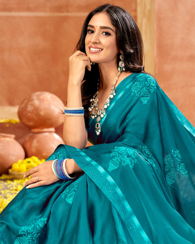 Vishal Prints Dark Teal Blue Designer Georgette Saree With Embroidery And Diamond Work