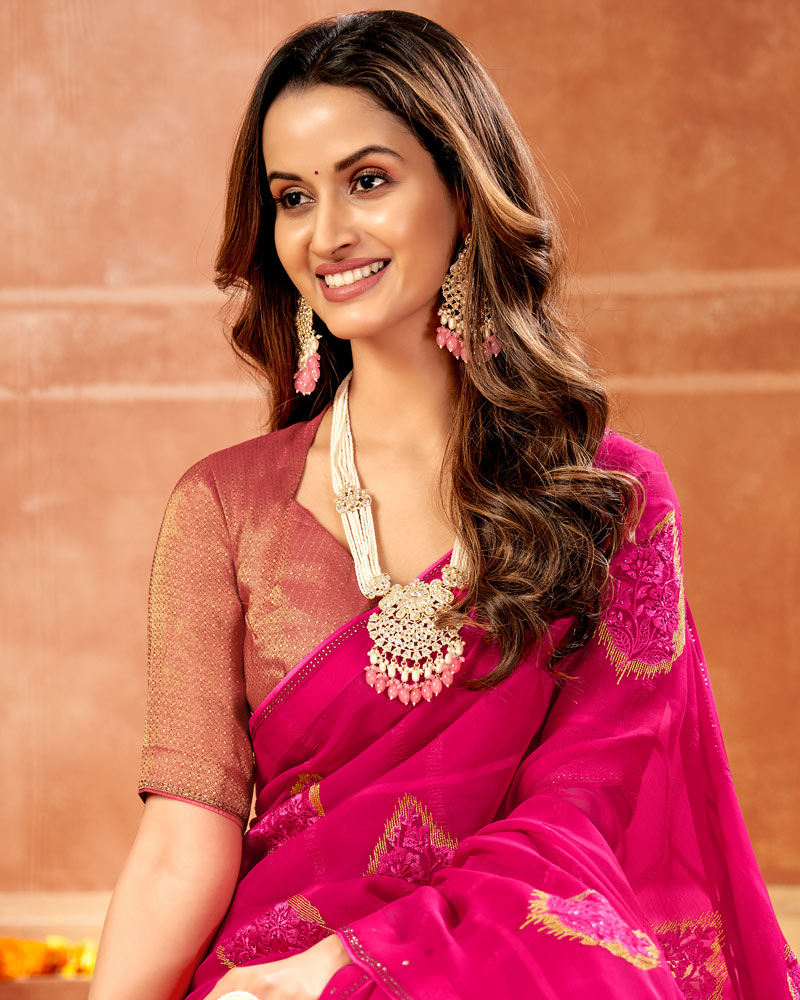 Vishal Prints Hot Pink Designer Georgette Saree With Embroidery And Diamond Work