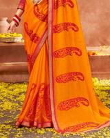 Vishal Prints Orange Designer Georgette Saree With Embroidery And Diamond Work