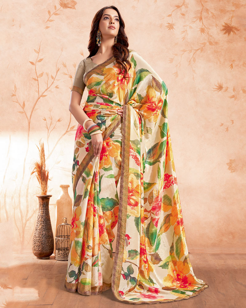 Vishal Prints Beige Designer Premium Printed Crepe Silk Saree