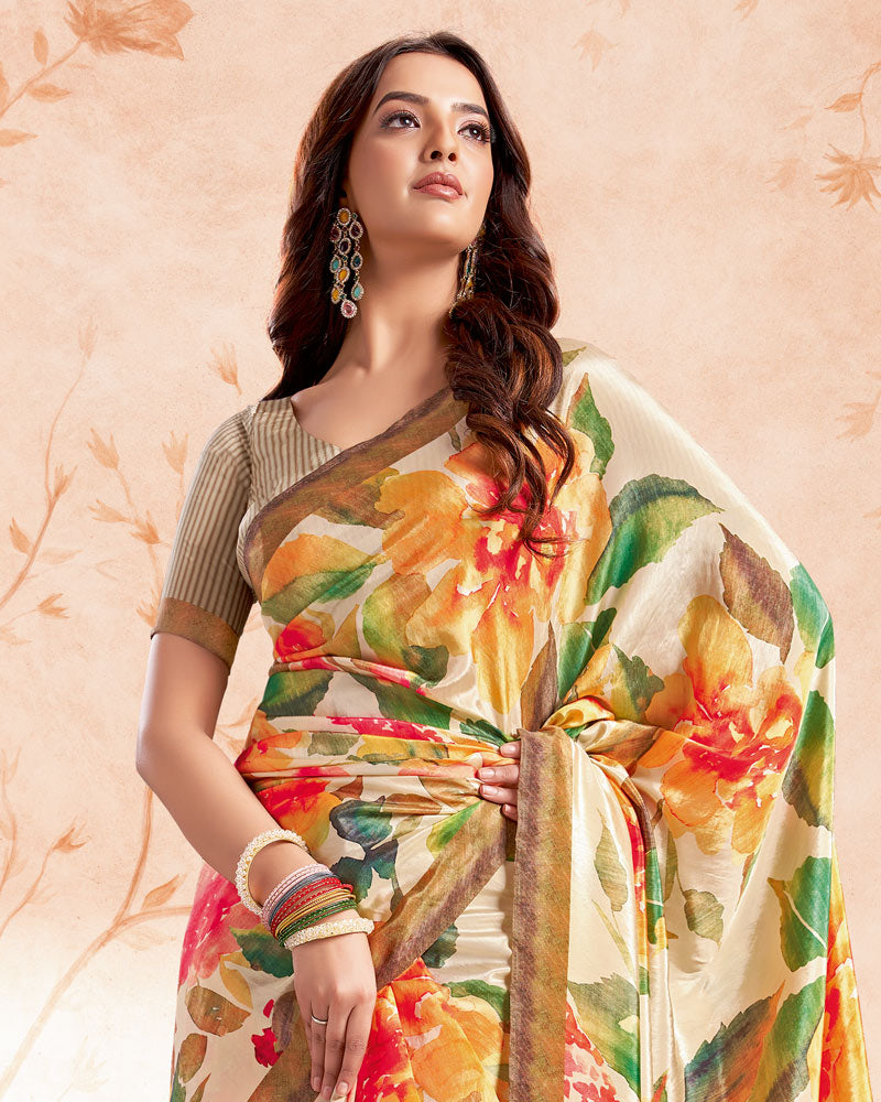 Vishal Prints Beige Designer Premium Printed Crepe Silk Saree